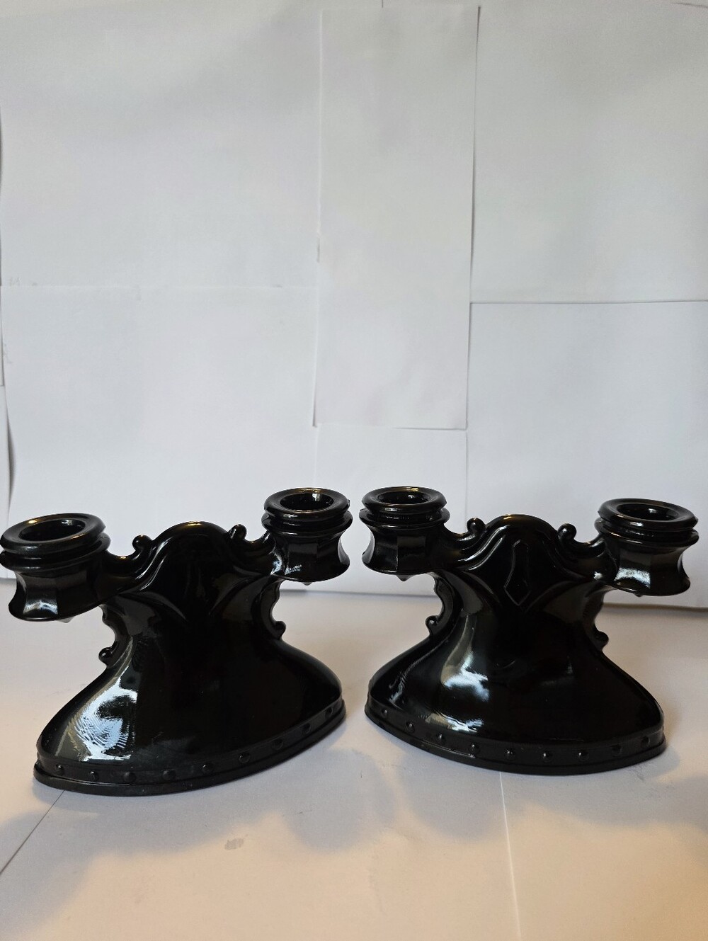 Vintage LE Smith Black Amethyst Double Candle Holders Pair Art Deco